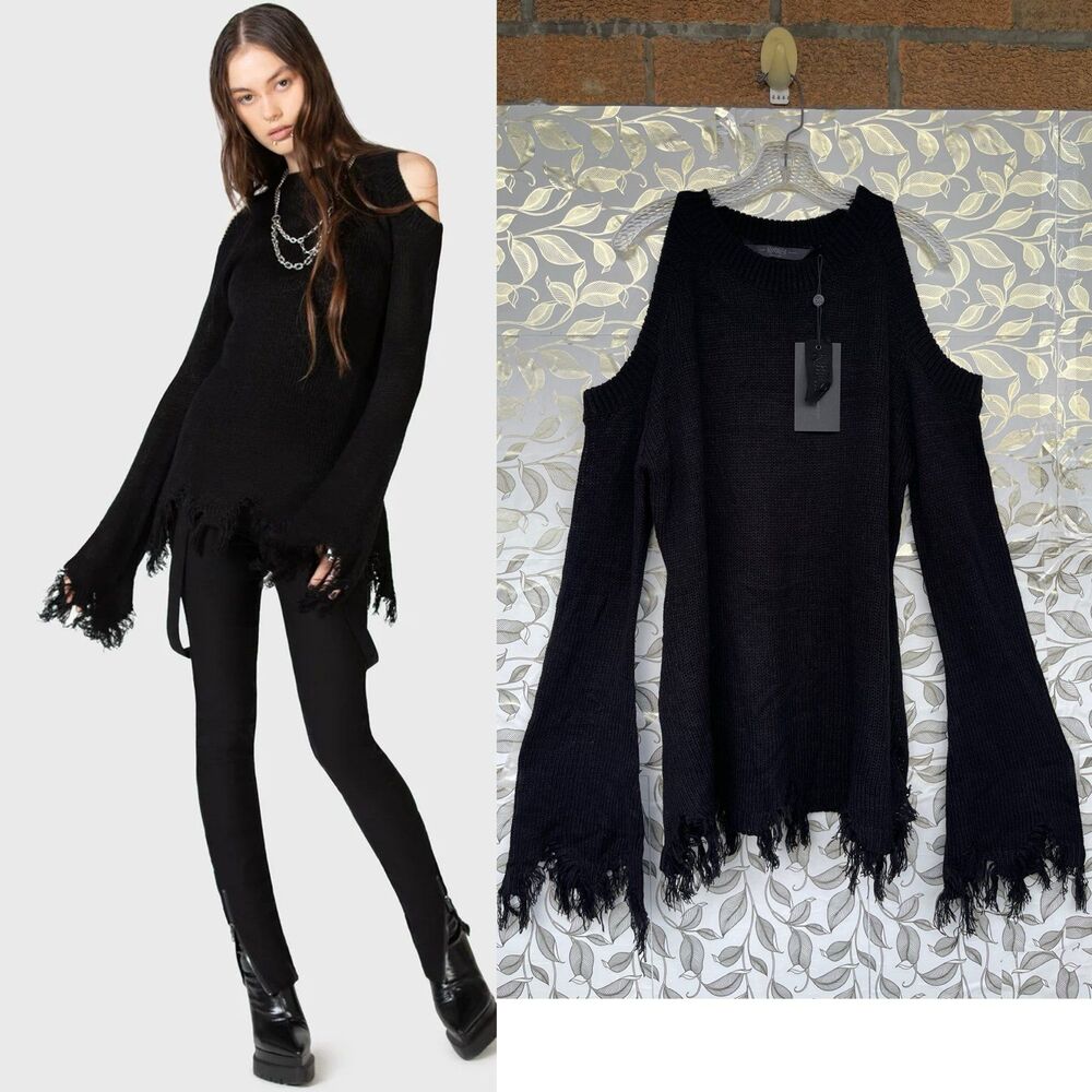 Killstar Cold Shoulder Distressed Knit Sweater Black XXL Whimsigoth Goth